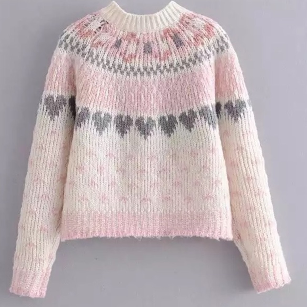 Cardigan sweater heart pink white rose button knit boho women thick - Picture 5 of 6